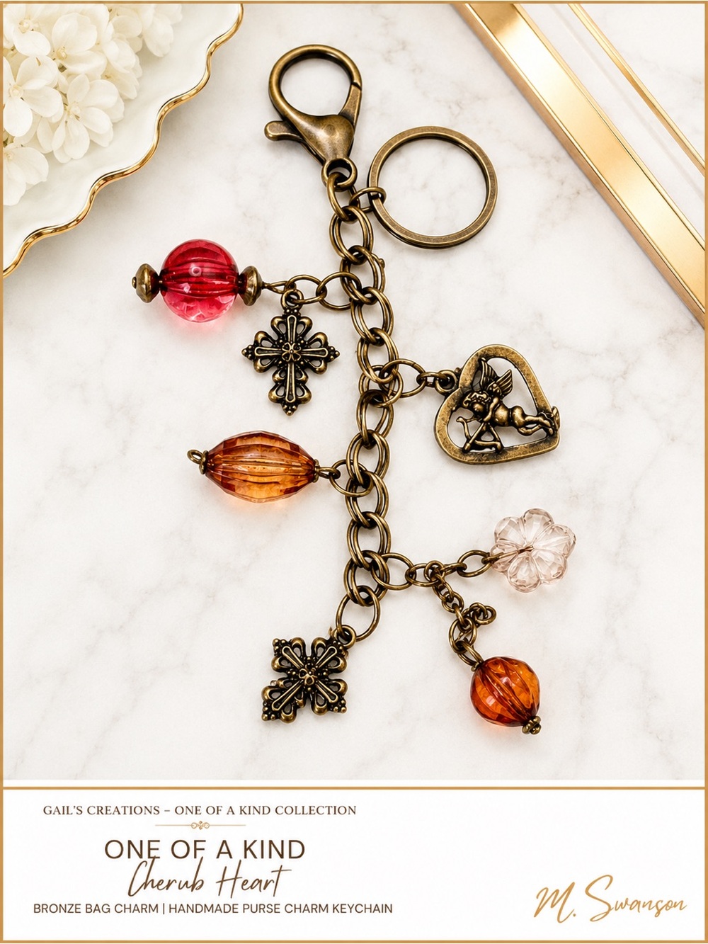 NEW One of a Kind Cherub Heart Bronze Bag Charm | Handmade Purse Charm Keychain